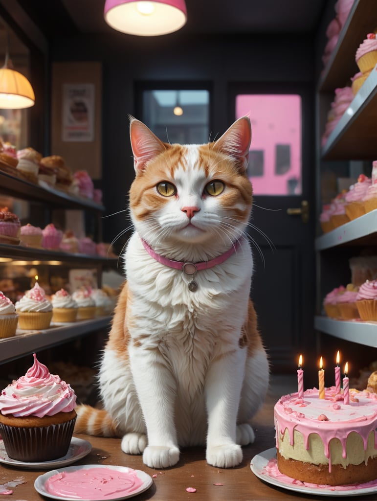 Mem of a A female white and light brown cat with a very sad face and poor and torn clothes, her look is inside a cake shop, there is a beautiful pink birthday cake next to the cat and the female cat is looking at that cake.. In the style of colored comics memes