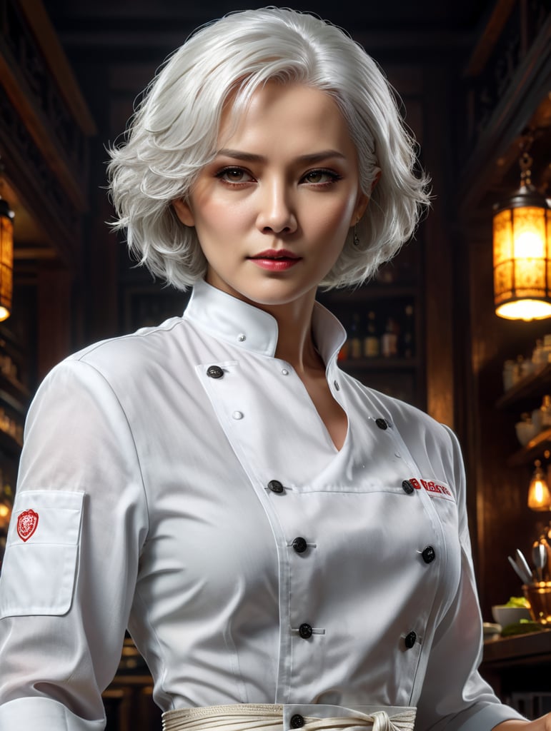 use chef white as a woman with short white hair from the new version of cluedo as if they were in a kpop band