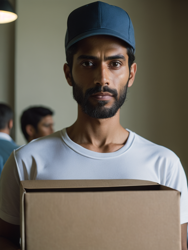 portrait of a delivery Indian man with black beard, wearing a white cap and white t-shirt, holding a box