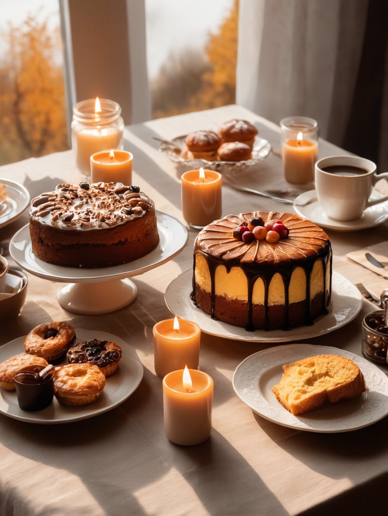 Breakfast table hot coffee birthday cake with candles some pastries autumn ambient daylight warm sunlight