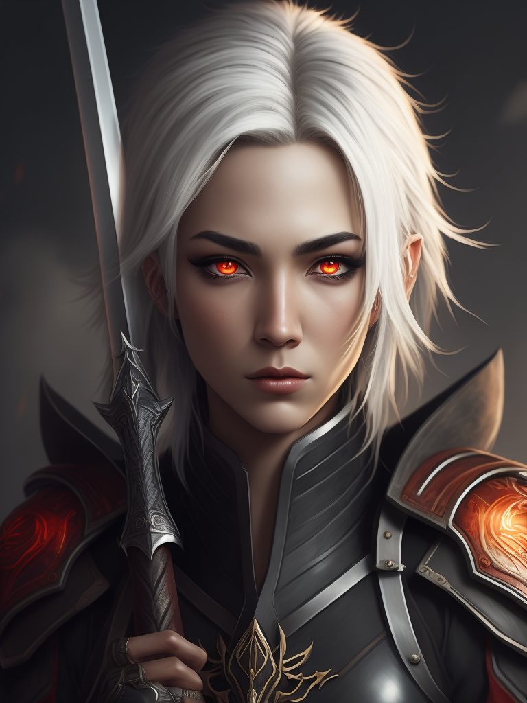 Create a digital artwork featuring an anime girl with white hair and red eyes, holding a sword