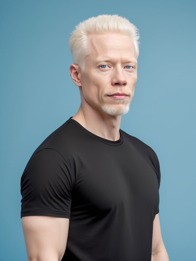 A middle-aged albino man wearing a black T-shirt, isolated, blue background, mockup, mock up