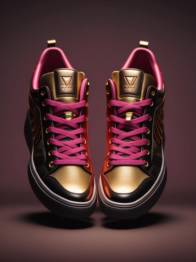 realistic photo of women sneaker shoes, with colors viva magenta, pink and golden lines
