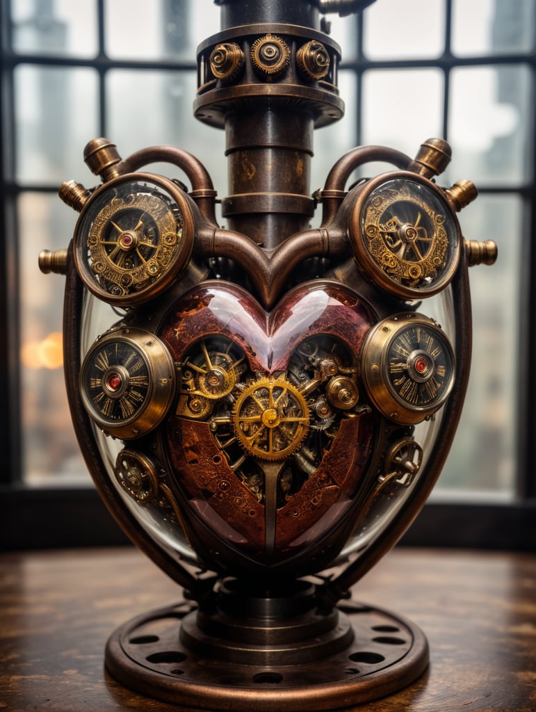 hyper realistic dead rusted heart in steampunk style inside of a glass capsule. The top of the heart has protrtuding pipes, stop valves, coils, tubing and mechanical gadgets, extremely detailed dead rusted heart