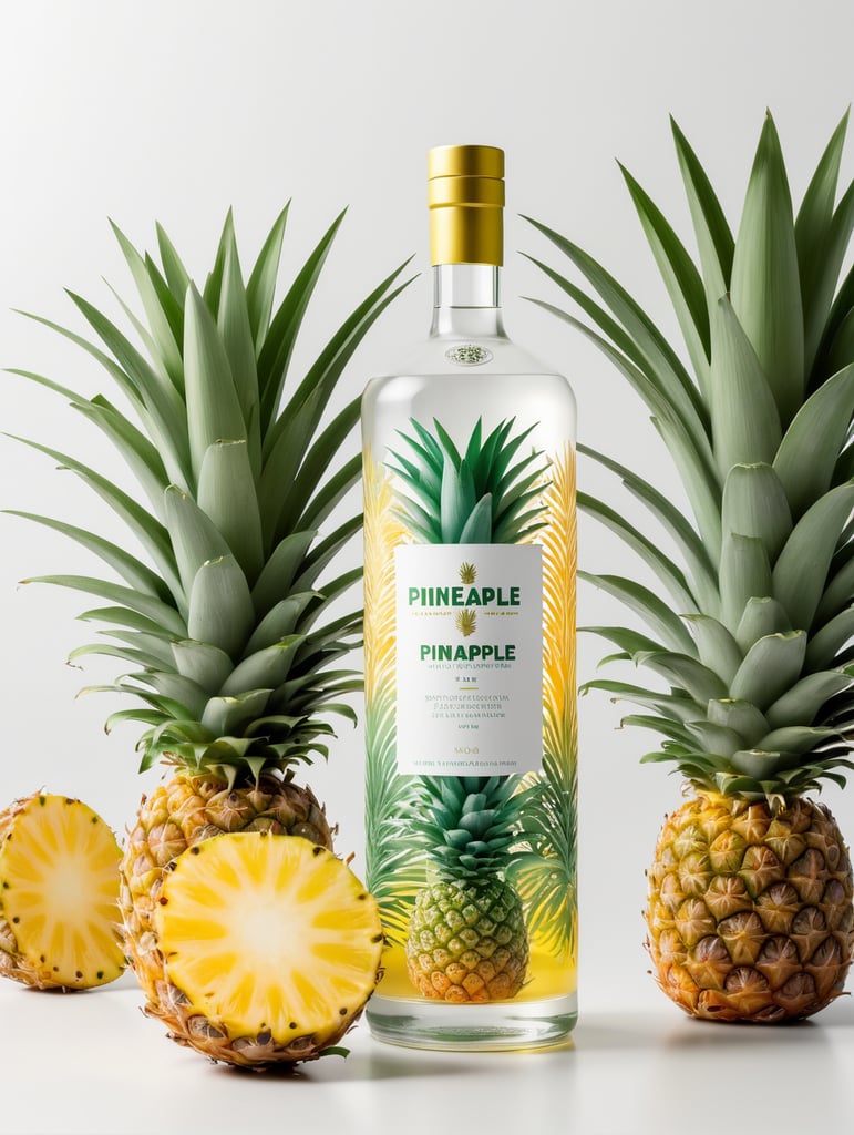 Packaging and branding for a pineapple vodka brand as if it had been designed by HI ESTUDIO with In a set design with pineapple, pineapple leaves.