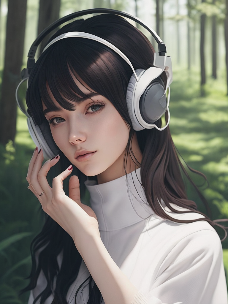 Beautiful girl listening to relaxing music with her headphones that takes her to a surreal forest, art by ilya kuvshinov and wlop, intricate, sharp focus, trending on artstation