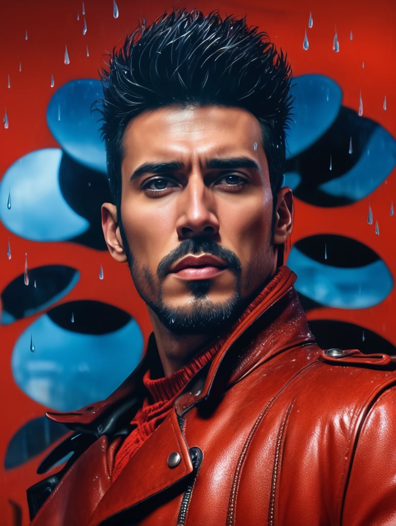 man in leather clothes, walking in a city, cold night, with rain, realism, photo realistic image, lots of real details