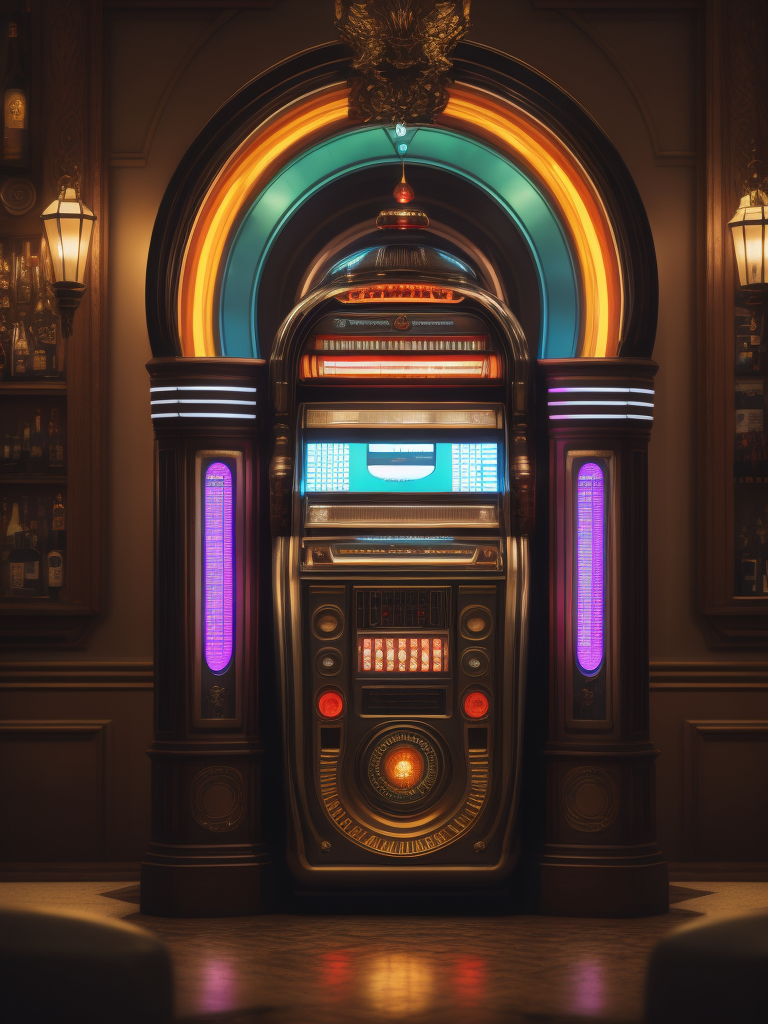 Retro jukebox in a bar, sharp focus, highly detailed,