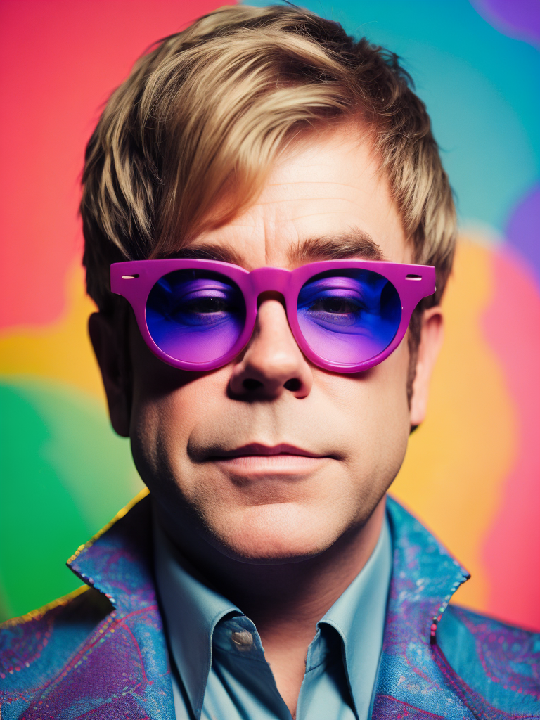 Portrait of Elton John with star-shaped glasses, Against a bright gradient, Vivid saturated colors, Contrast color