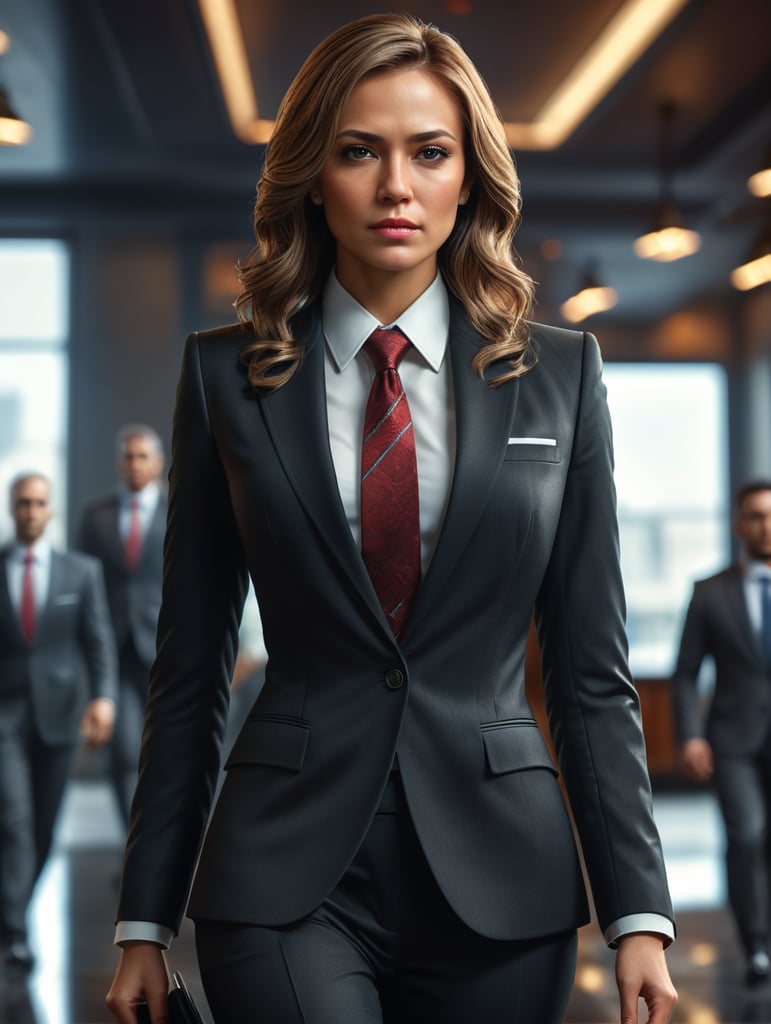 Businesswoman in suit and tie.