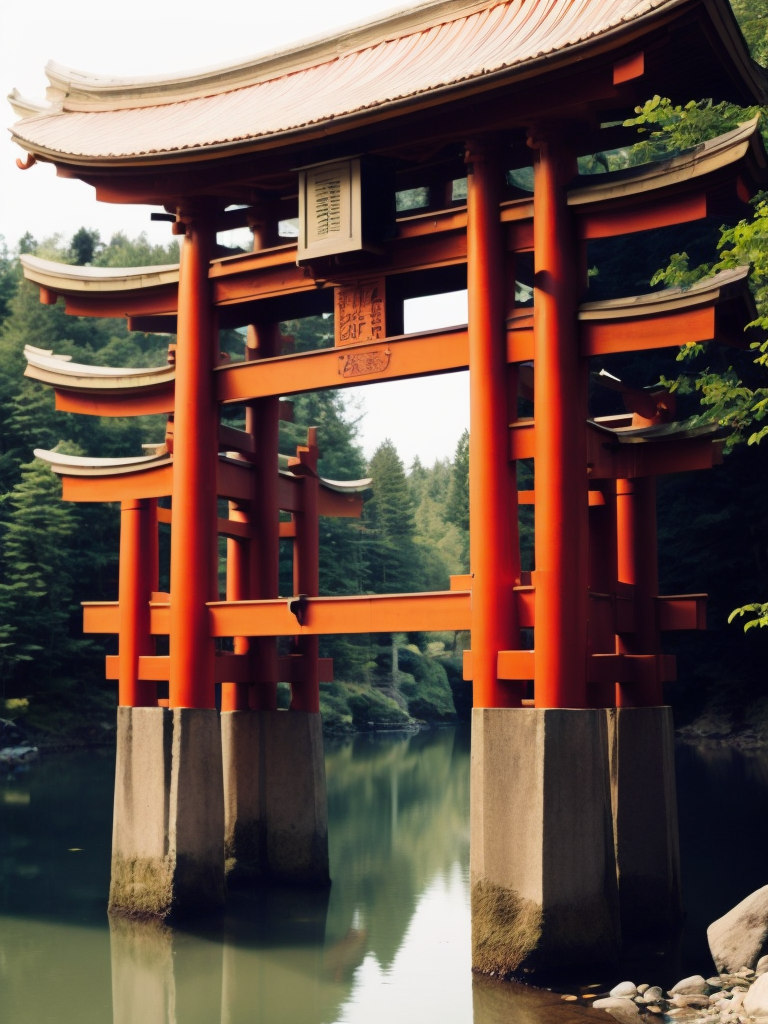 Red torii gate in middle of a lake, Dense forest on the edge of the lake, Bright and saturated colors, Japanese culture, photorealistic, contrast light