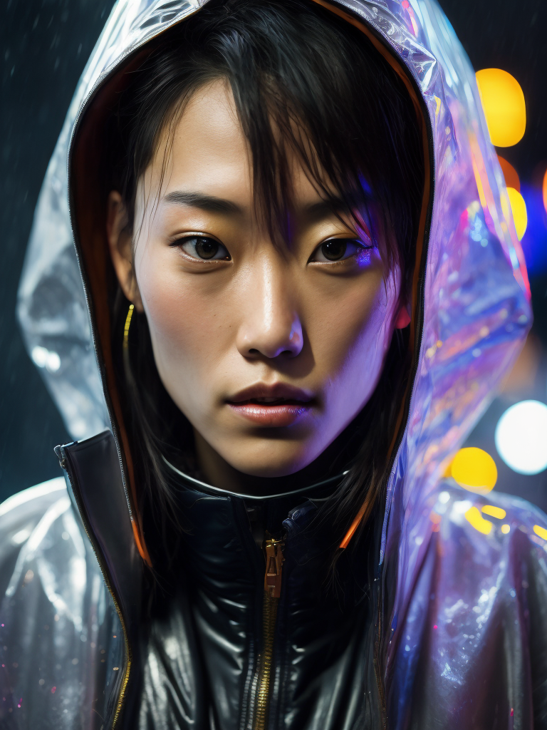 Portrait of Kaori from akira wearing transparent raincoat, rainy neo tokyo photoshoot, cyberpunk, Vivid saturated colors, Contrast light, studio photo, professional photo, Detailed image, detailed face