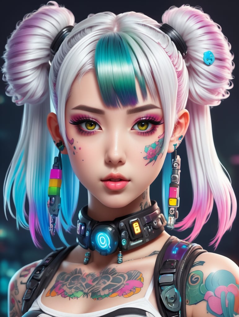 a cute anime girl with tattoo on face ,white skin ,colorful hair and she on Cyberpunk style (4K)