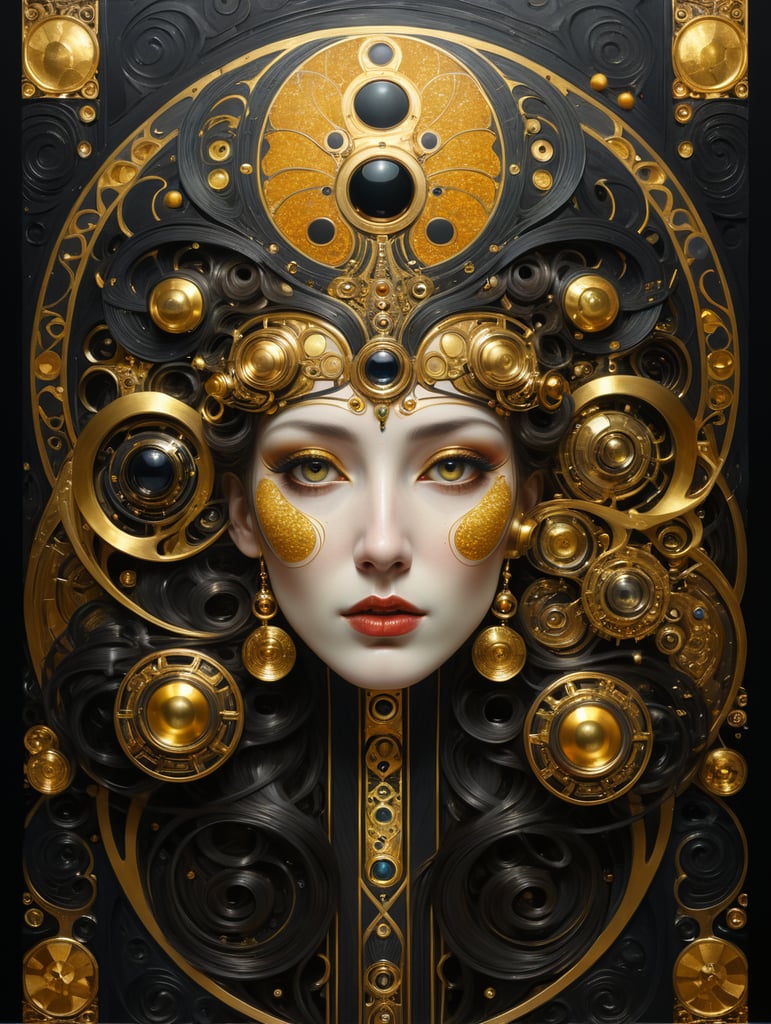 Flat texture from Gustav Klimt, featuring a fusion of his signature Art Nouveau style and modern elements for a unique catching design. Raw. High detail. Black and gold