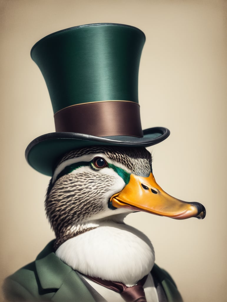 A mallard wearing a top hat and a monocle