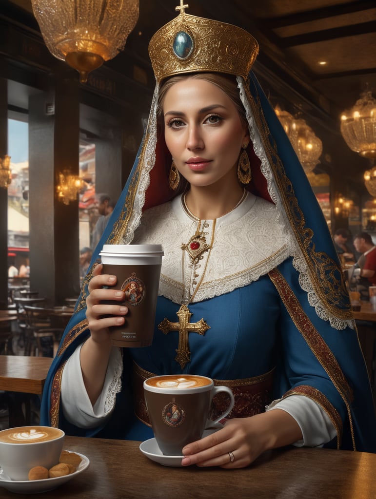 Hyper detailed Virgen maria portrait hyper realistic drinking cafe, cup of coffee in the hand, modern background