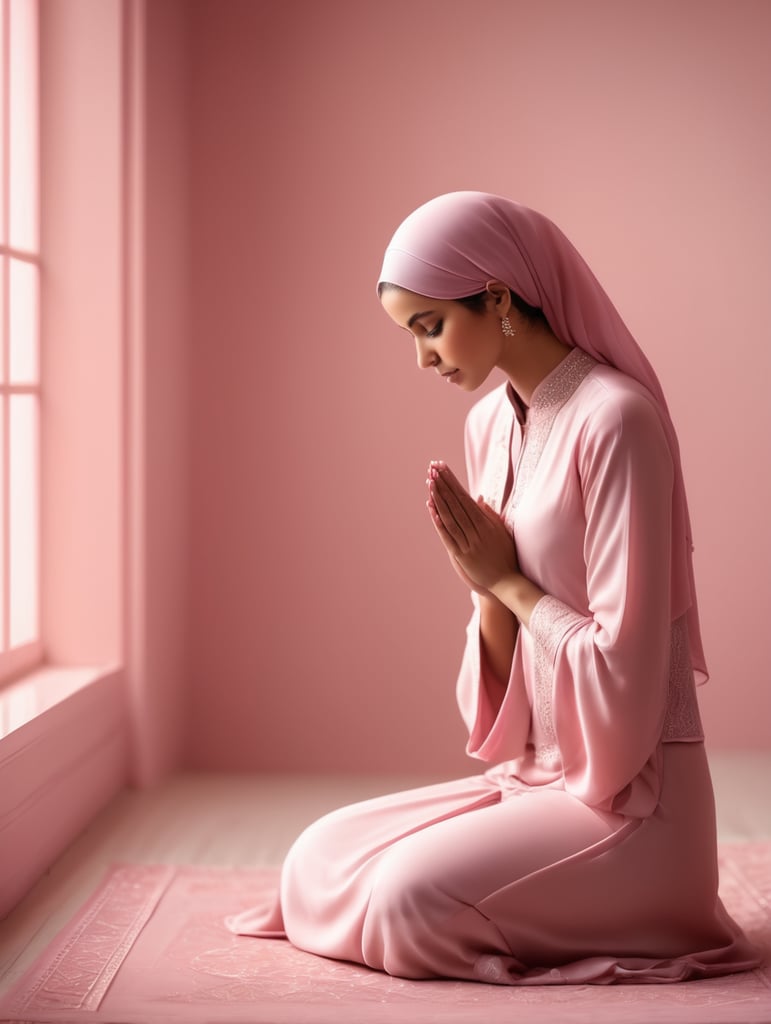 A Muslim lady in a room coloured with pink praying with her body covered