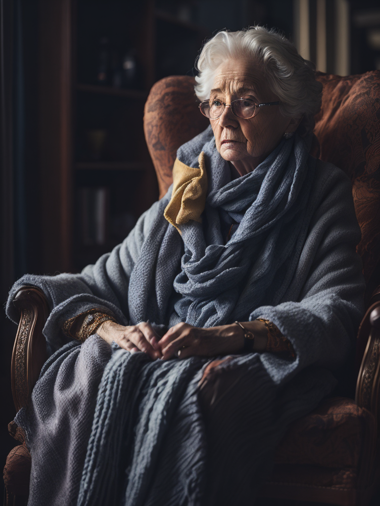 Grandma is sitting in an armchair, knitting a scarf