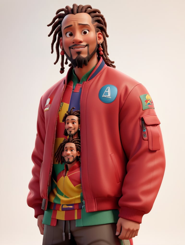 a man with dreadlocks on his head is wearing a colored jersey and a red bomber jacket