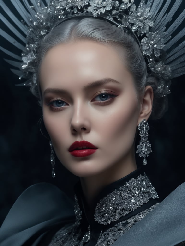 Tim Walker style award winning intrinsic detail dreamscape photo-art high fashion portrait style of a female supermodel with stylized modern hair in John Galliano fashion design in a high fashion studio, hd, 8k