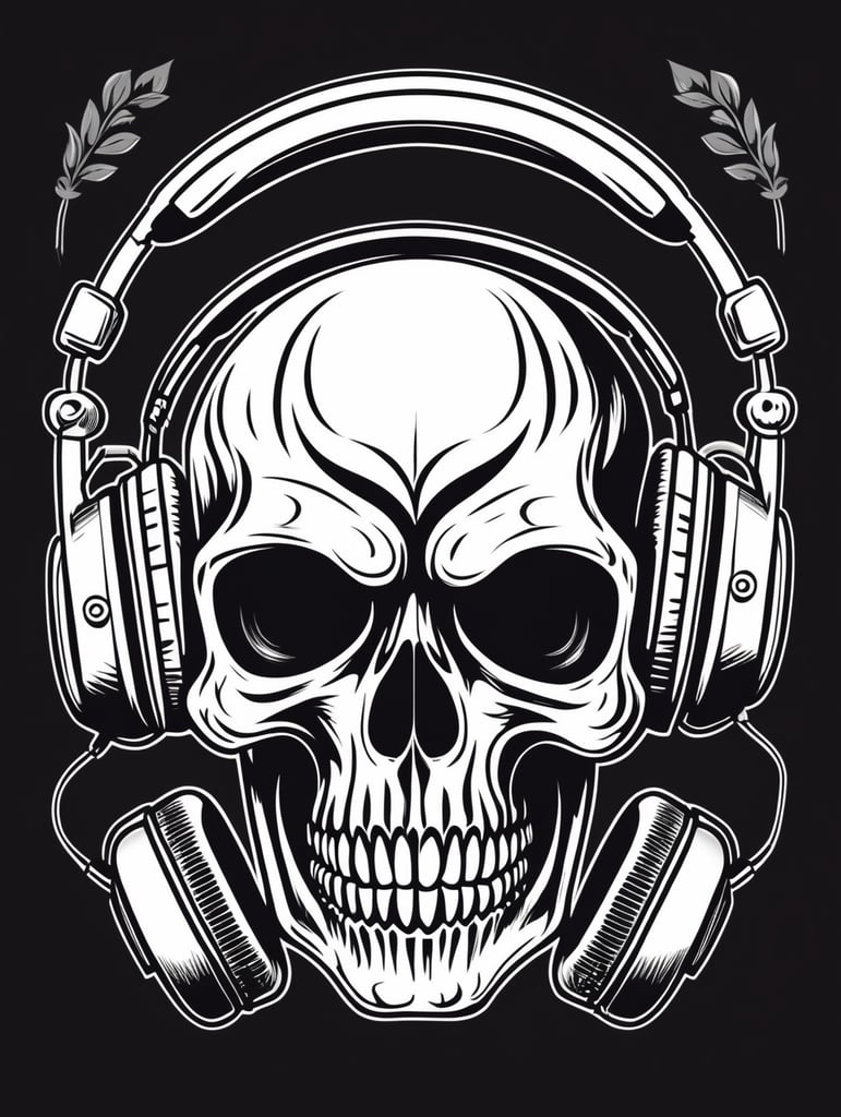 Black and white game over Skull Gaming Logo, linocut, vintage dead head or skull of gamer in headphones, vector image