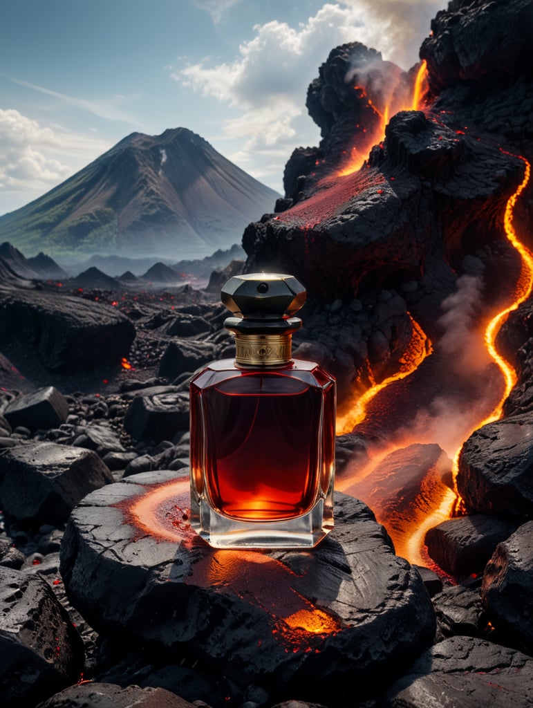 professional photography of a luxury perfume, on a volcanic lava, red satin scarf and lava on the background, no label, clear, mockup