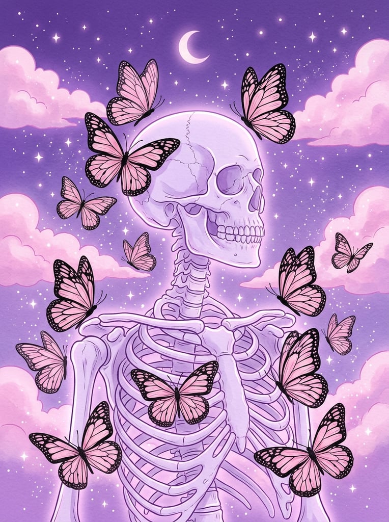 Pale purple human skeleton from chest up facing right, surrounded by large pink butterflies with black wing veins, set against a gradient purple sky, soft pink fluffy clouds, tiny white stars, 2D line art illustration, pastel goth aesthetic, dreamy