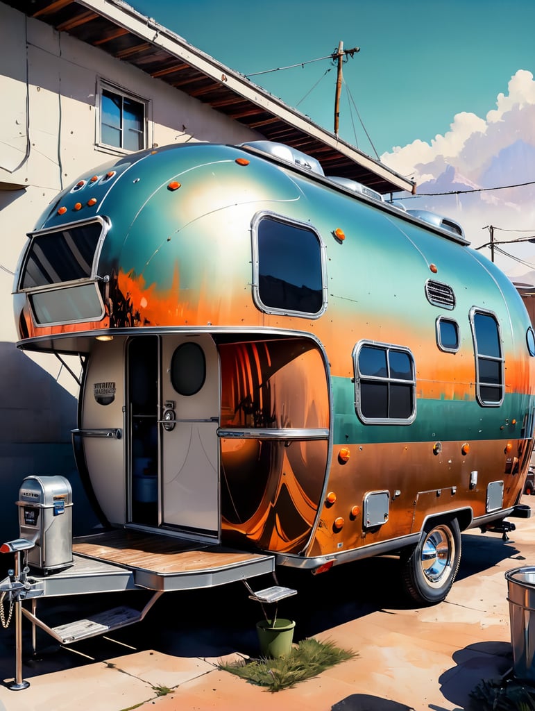 Futuristic alien Airstream camping trailers, steampunk and neon, cyber technology