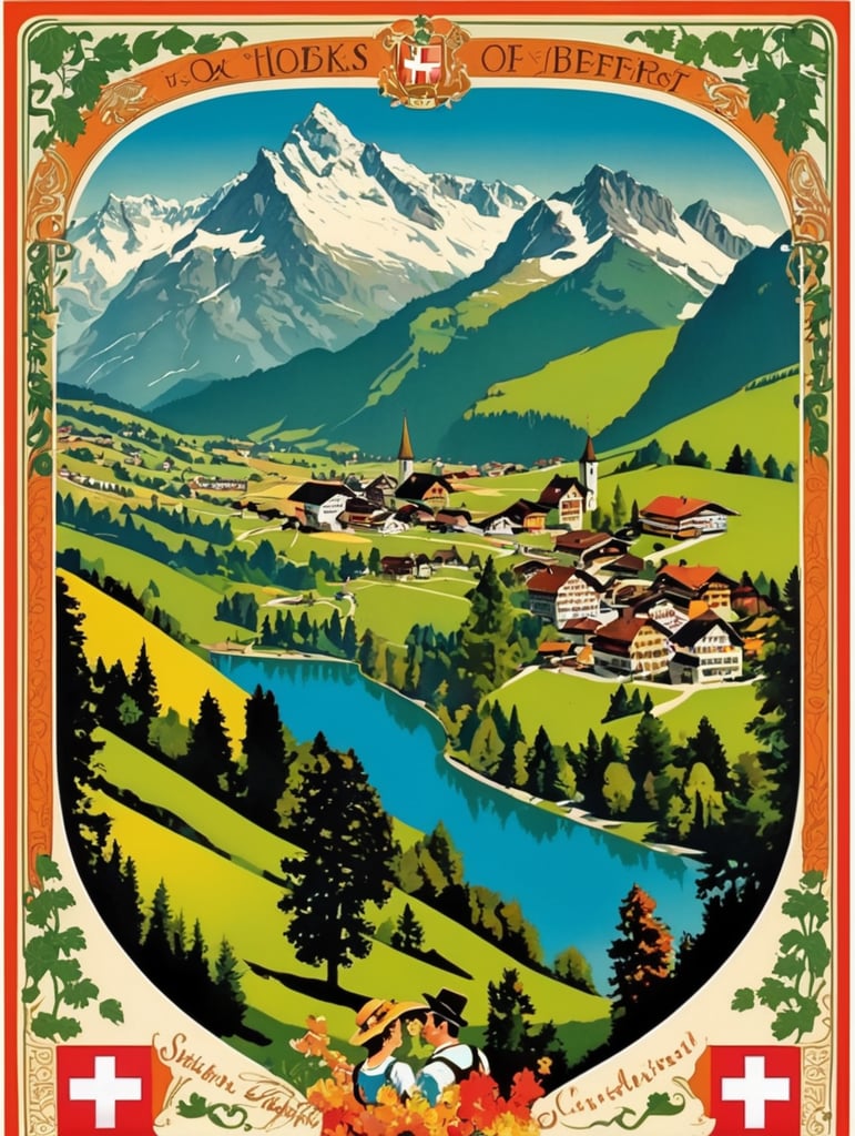 Switzerland, vintage Octoberfest postcard illustration