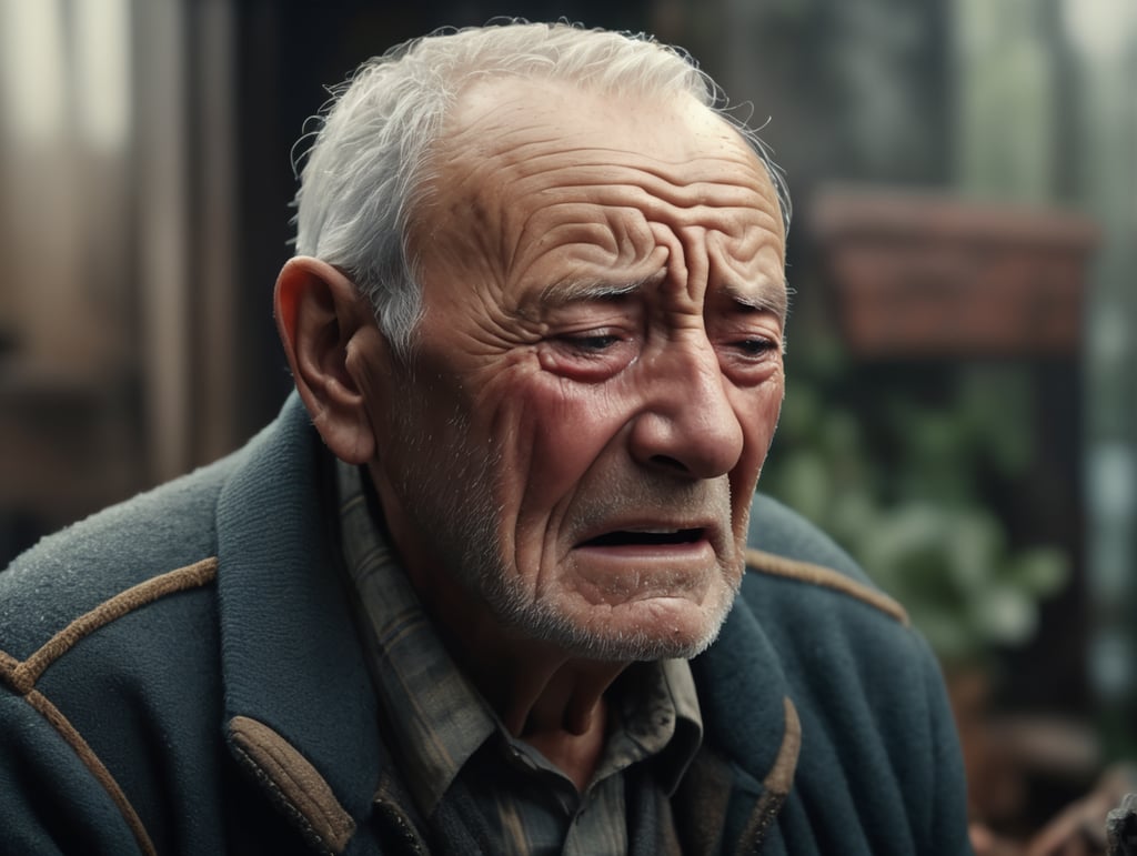 Portrait of an elderly crying man, high definition, photography, cinematic, detailed character portrait, detailed and intricate environment