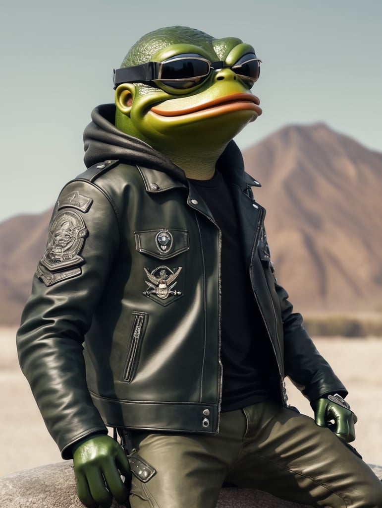 Pepe the frog metalhead with leather jacket and army boots