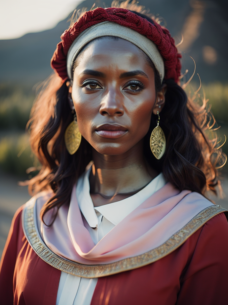 African woman and white tees brown Rembrandt Light. portrait style. Mountains in the background. Red medieval dress from the time of the Eghipt Empire. Perfectly, beautifull. Brown Hair color with white. Happyness. 50mm lens. half body style photography.