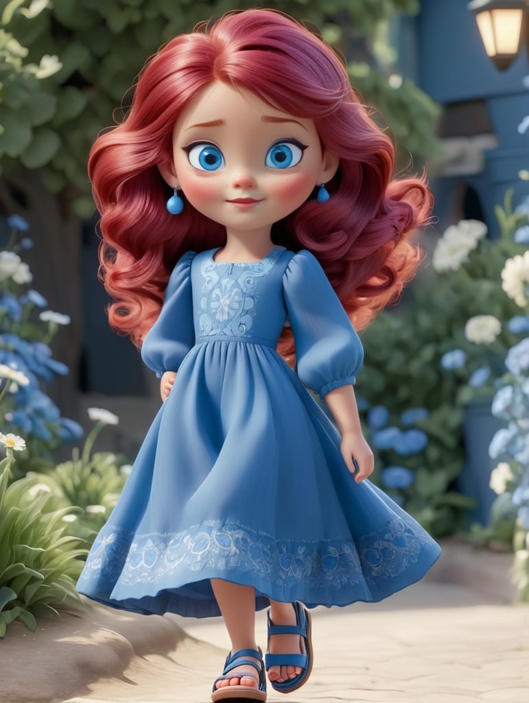 Crimson hair and blue eyes and light lips and soft face and wearing a blue frock reaching till her kness and light sandals and good shapped full body