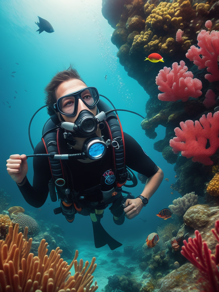 Scuba Diver in magical underwater scene with colorful coral reefs and exotic fish