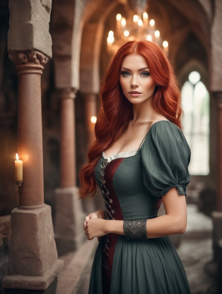 Beautiful woman with red hair in an enchanted castle