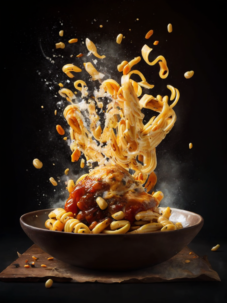 high quality cinematic food explosion, Italian pasta