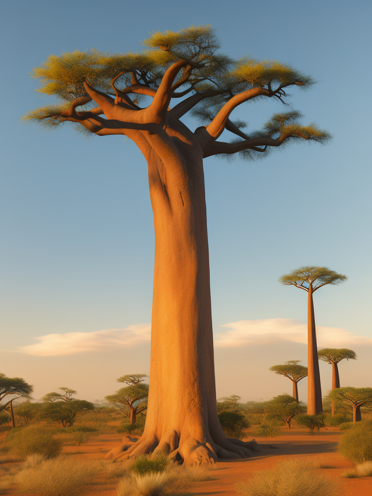 Baobab tree, savanna, sunset, high detail