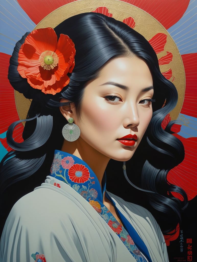 Hiroshi Nagai, ultrafine detailed painting of a woman with a n opium poppy flower in her hair, whimsical, detailed painting