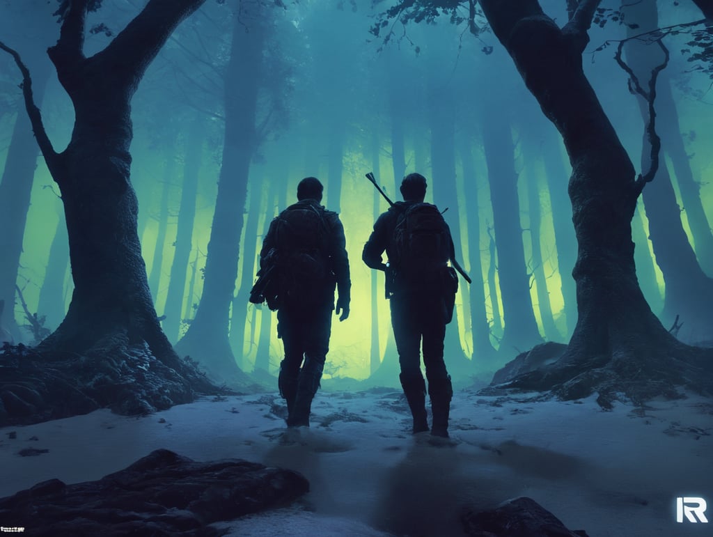 Using only the colors in the reference image, create a landscape of an eerie glowing forest with a human exploring