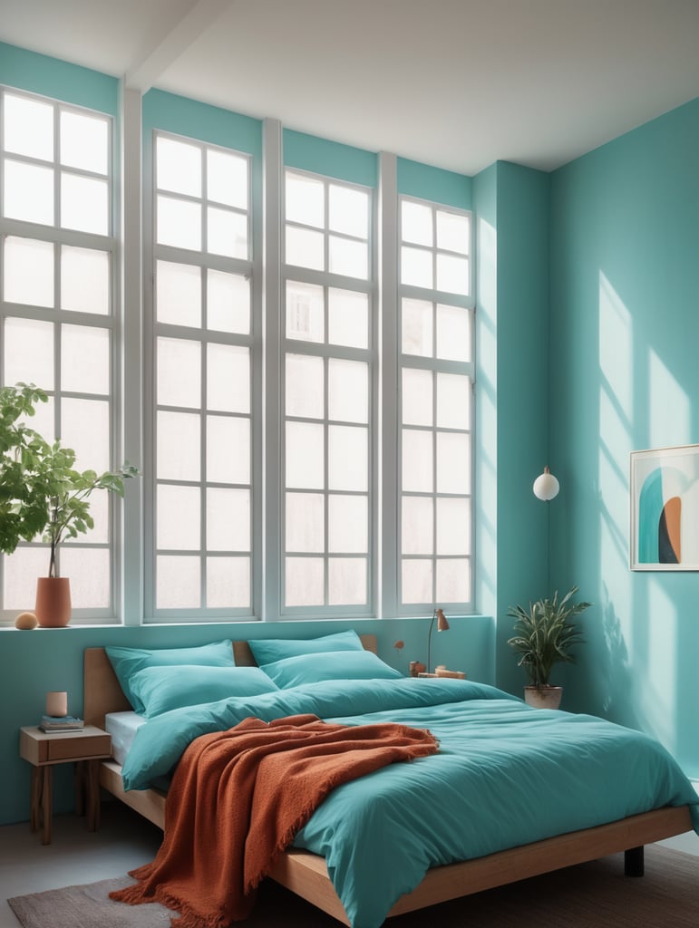 sleeping room, bed by the window, pillows and made bed, cyan colors, bed, windows, liminal space, bright colors, inspired by the architecture of Luis Barragan, everything in bright different color