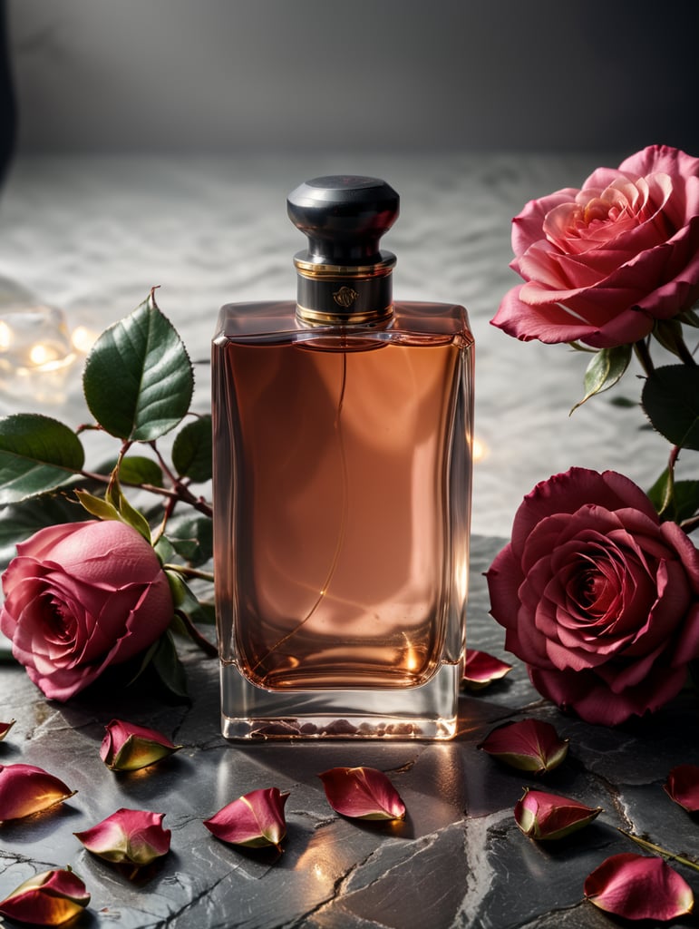 professional photography of a luxury perfume, square bottle, surrounding a rose petals, rose satin scarf on a background, no label, clear, mockup