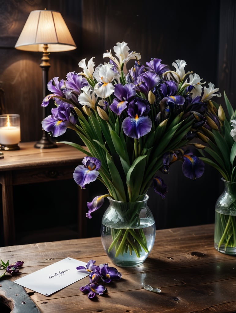 Ramo de flores sobre una mesa de madera. Tumbadas.Una ieçris violeta y otra iris blanca Hay una tarjeta grande esta de pie apoyada en un recipiente vacio de cristal con agua. Ambiente cálido, luz tenue colores poco saturados realista.