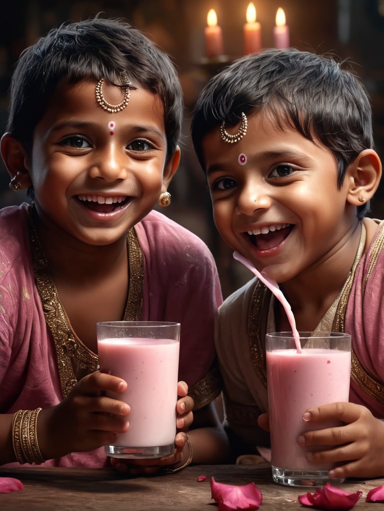 an 2 Indian kids drinking rose milk with happy face