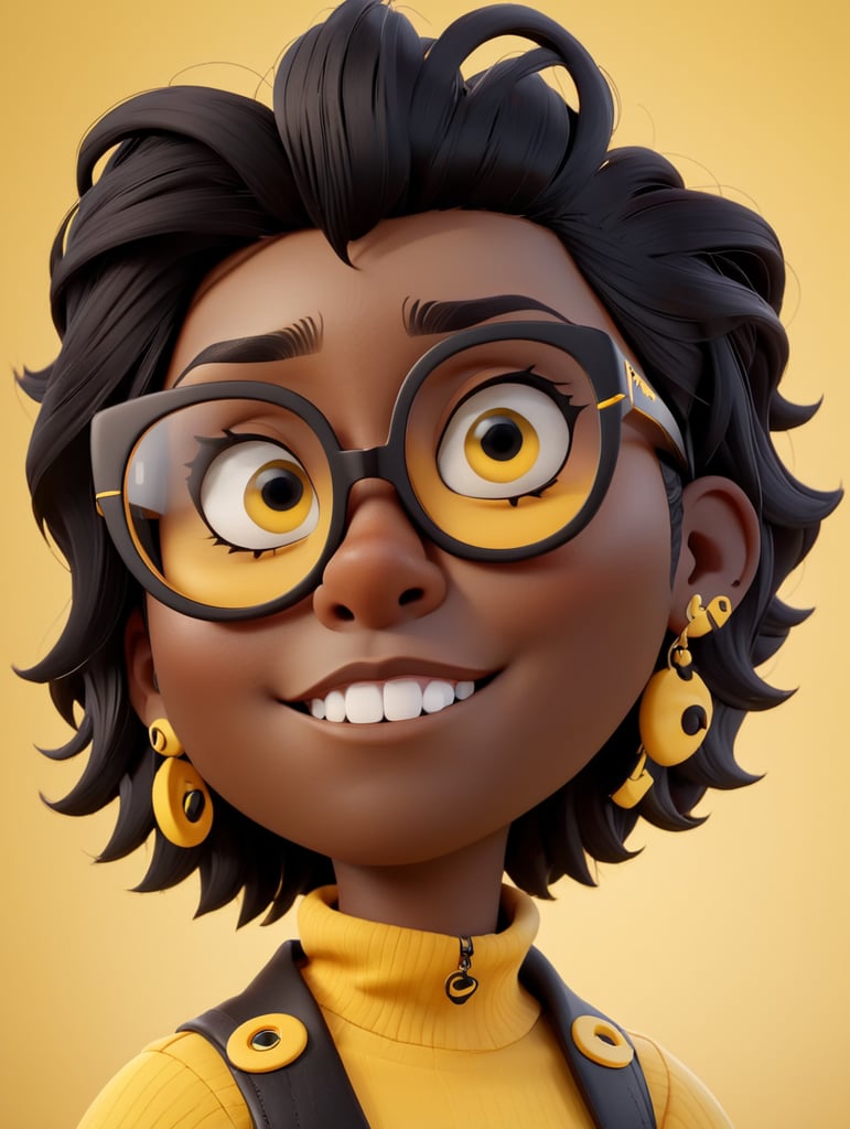graphic designer, black skin, creative, piercing, glasses, black and yellow colors