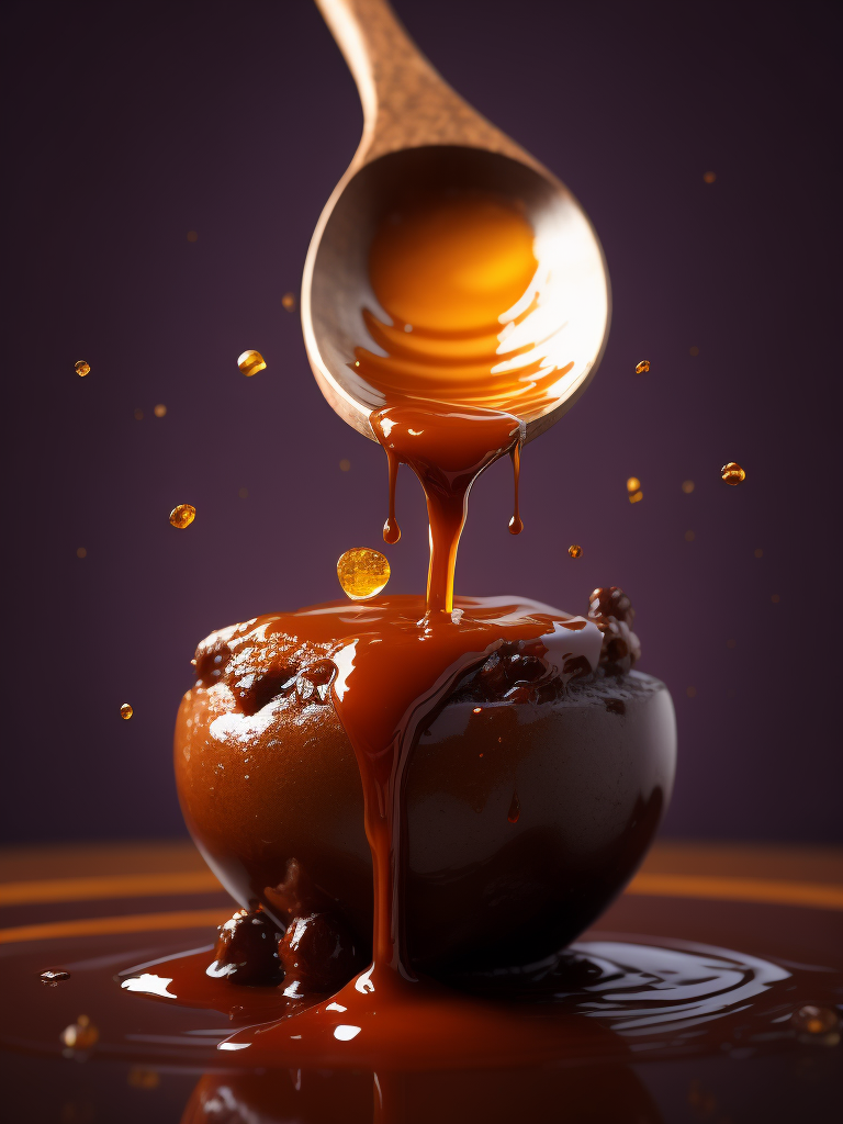 a photo of honey from the wooden spoon going down on the melted chocolate, deep purple background, deep atmosphere