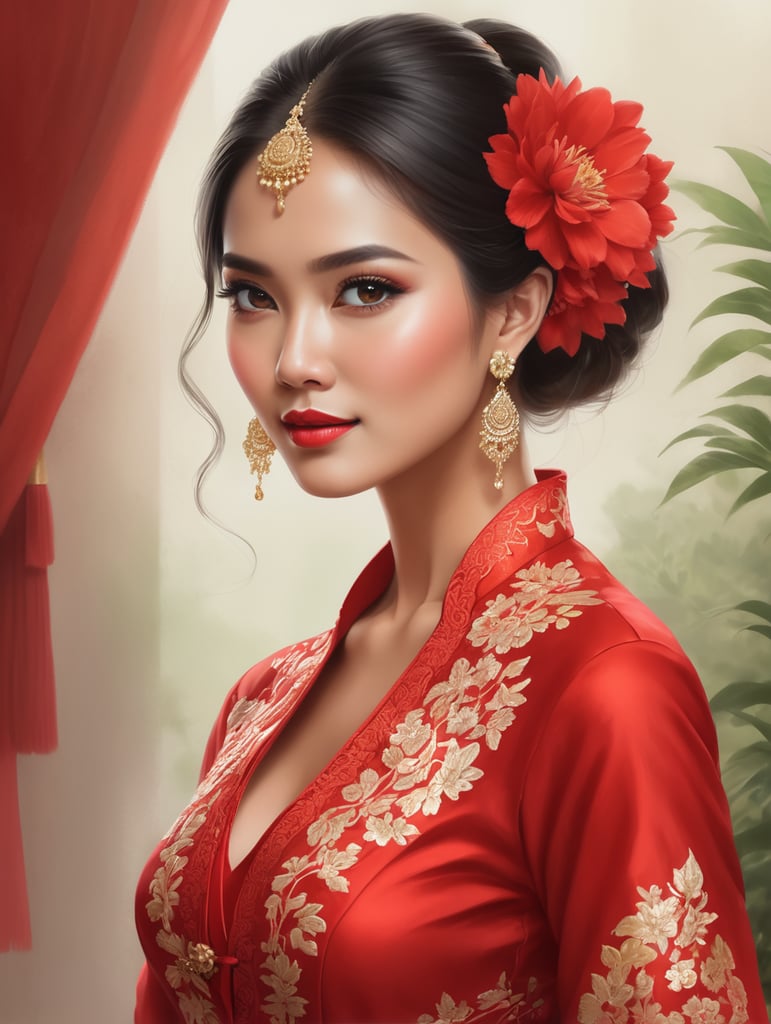 wanita cantik memakai kebaya merah