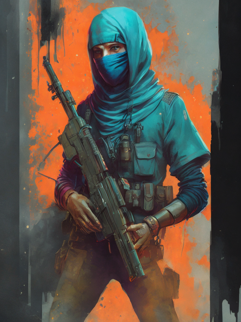 terrorist from counter strike game with ak-47, ultra realism, super detailed, neon colors, magazine cover, professional shot, magazine photography, bright saturated colors, sharp focus, highly detailed