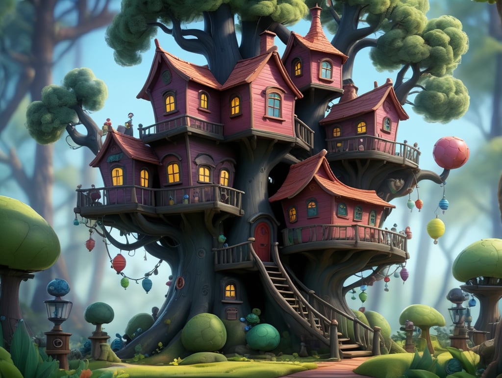 An elaborate, whimsical, treehouse in the style of Tim Burton on a bright sunny day. The tree's leaves are a base hex color of #88e00a the tree trunk is hex color of #683519. The wood of the house is painted hex color #fffc4d.