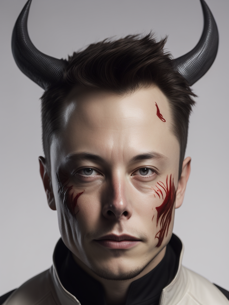 Elon Musk's head dressed as the devil drawn by Alex Gross, isolated artwork on white background
