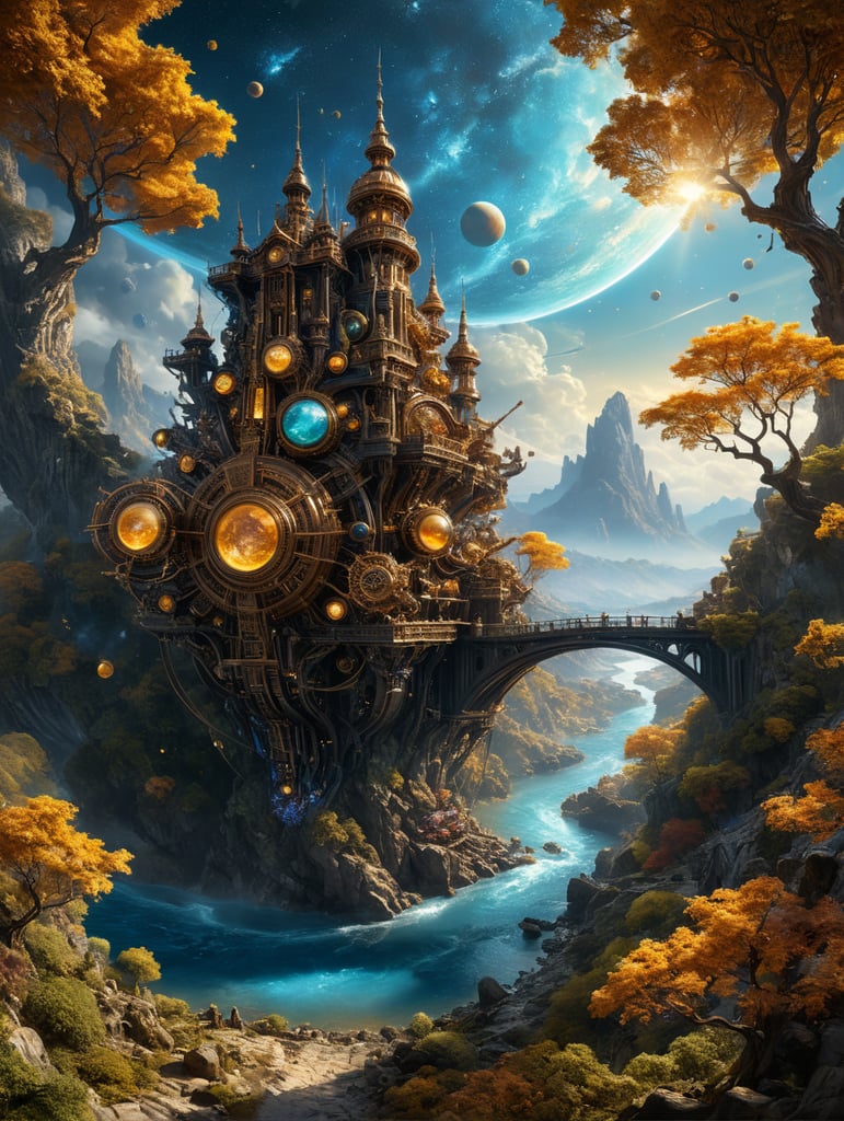 16K ultra cinematic High quality resolution Image, the Flying Dutchman made of detailed wires revealing pistons, detailed motor parts, copper trimmings, In the vast expanse of the cosmos, Above, a mesmerizing tapestry of planets, galaxies, and stars illuminates the scene. Below, a golden street meanders towards a radiant blue glass-colored river. On the right, a multicolored tree bursts with lustrous fruits, adding life to the luminous spectacle, infinite background